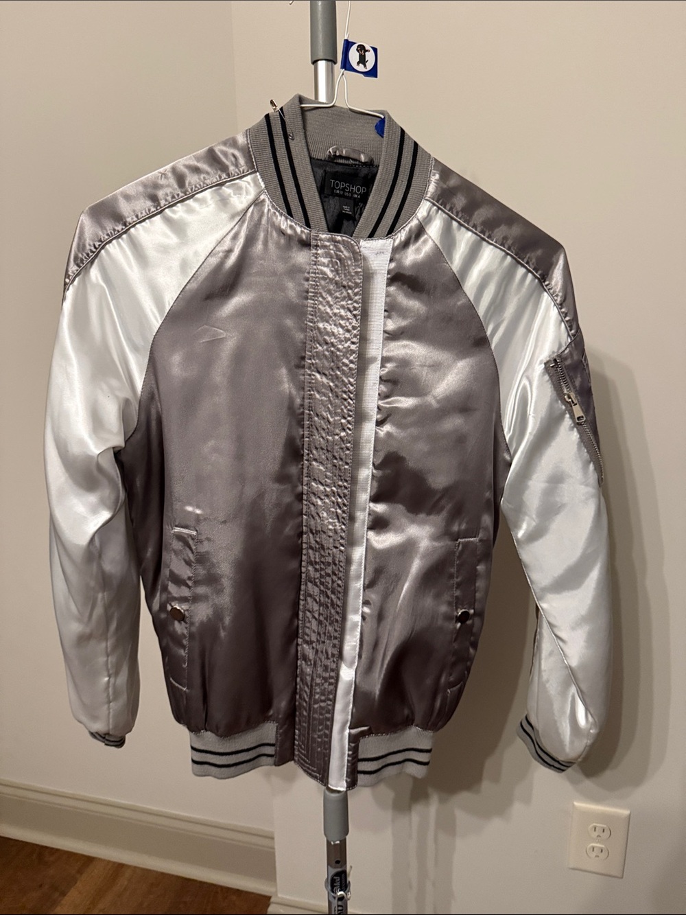 Topshop Silver and White Satin Bomber Jacket